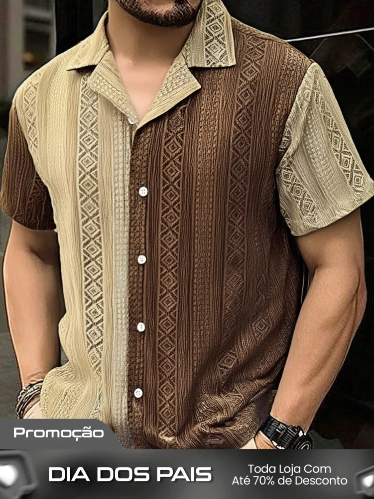 Camisa Masculina De Botão Listras Textura Étnica Damasco / PP Camisa Masculina De Botão Listras Textura Étnica