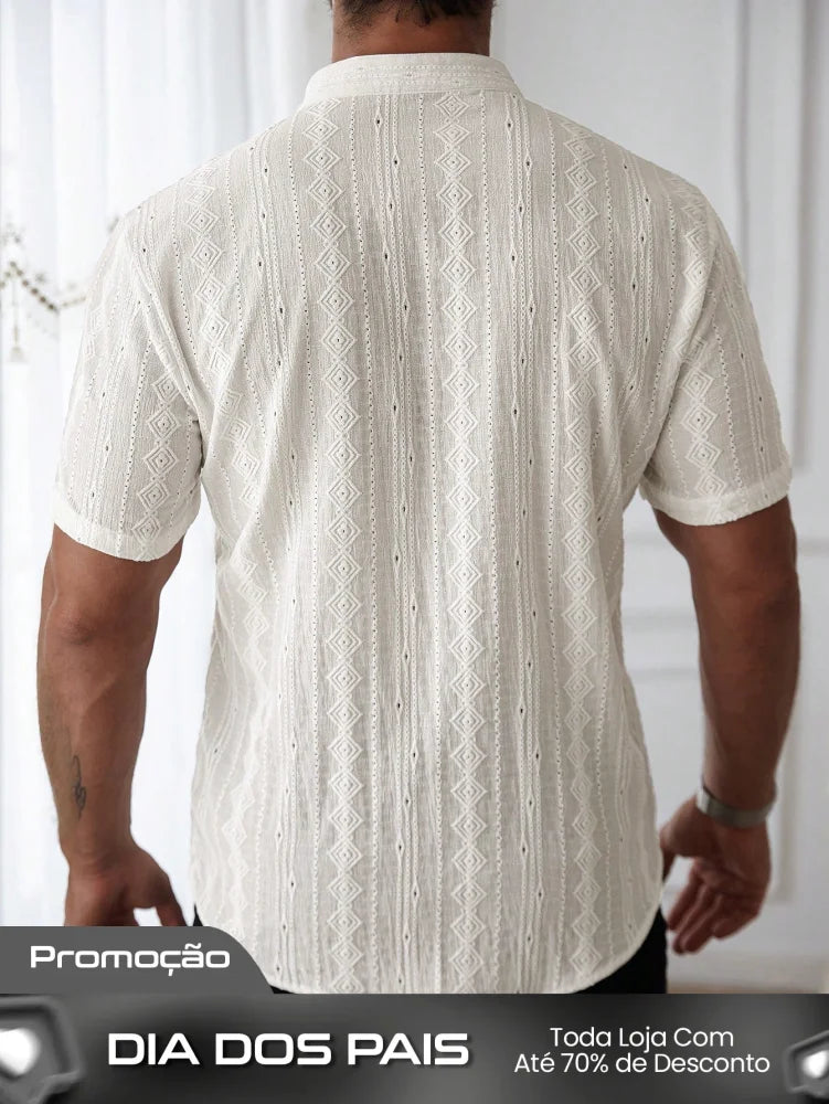 Camisa Masculina De Botão Renda Trabalhada Estilo Leve Camisa Masculina De Botão Renda Trabalhada Estilo Leve