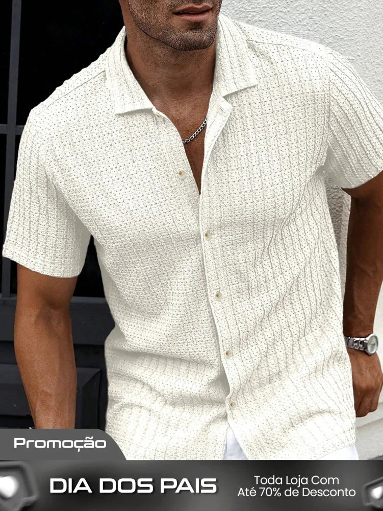 Camisa Masculina De Botão Tecido Trabalhado Visual Moderno Bege / PP Camisa Masculina De Botão Tecido Trabalhado Visual