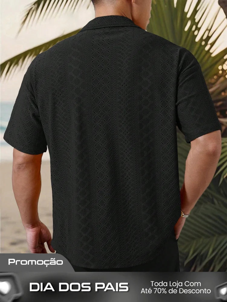 Camisa Masculina De Botão Tecido Vazado Estilo Tropical Camisa Masculina De Botão Tecido Vazado Estilo Tropical