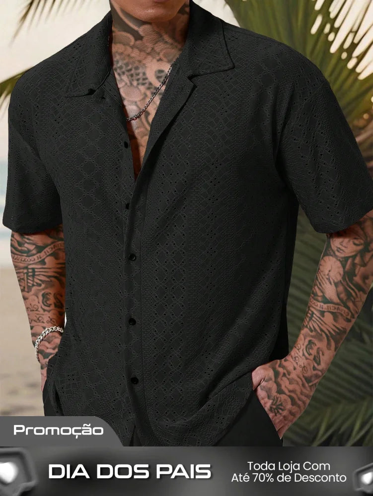 Camisa Masculina De Botão Tecido Vazado Estilo Tropical Preto / PP Camisa Masculina De Botão Tecido Vazado Estilo