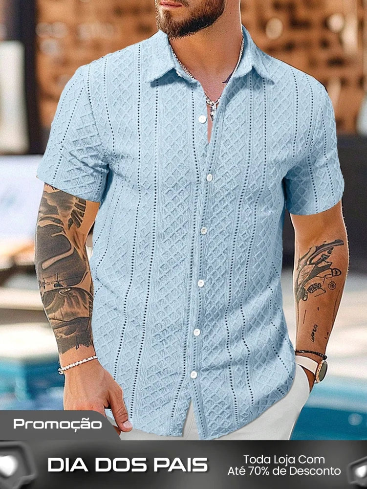 Camisa Masculina De Botão Textura Geométrica Azul / PP Camisa Masculina De Botão Textura Geométrica