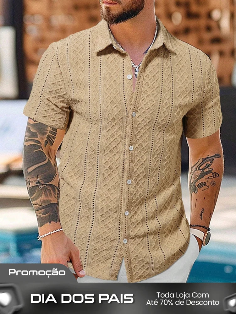 Camisa Masculina De Botão Textura Geométrica Caqui / PP Camisa Masculina De Botão Textura Geométrica