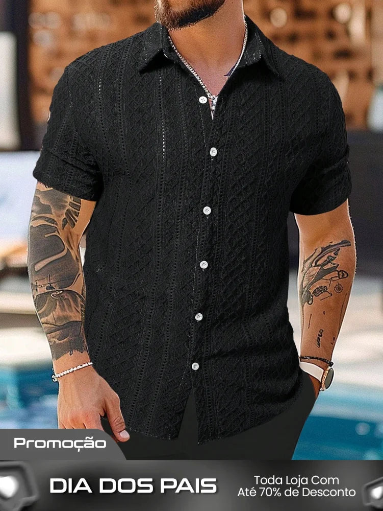 Camisa Masculina De Botão Textura Geométrica Preto / PP Camisa Masculina De Botão Textura Geométrica