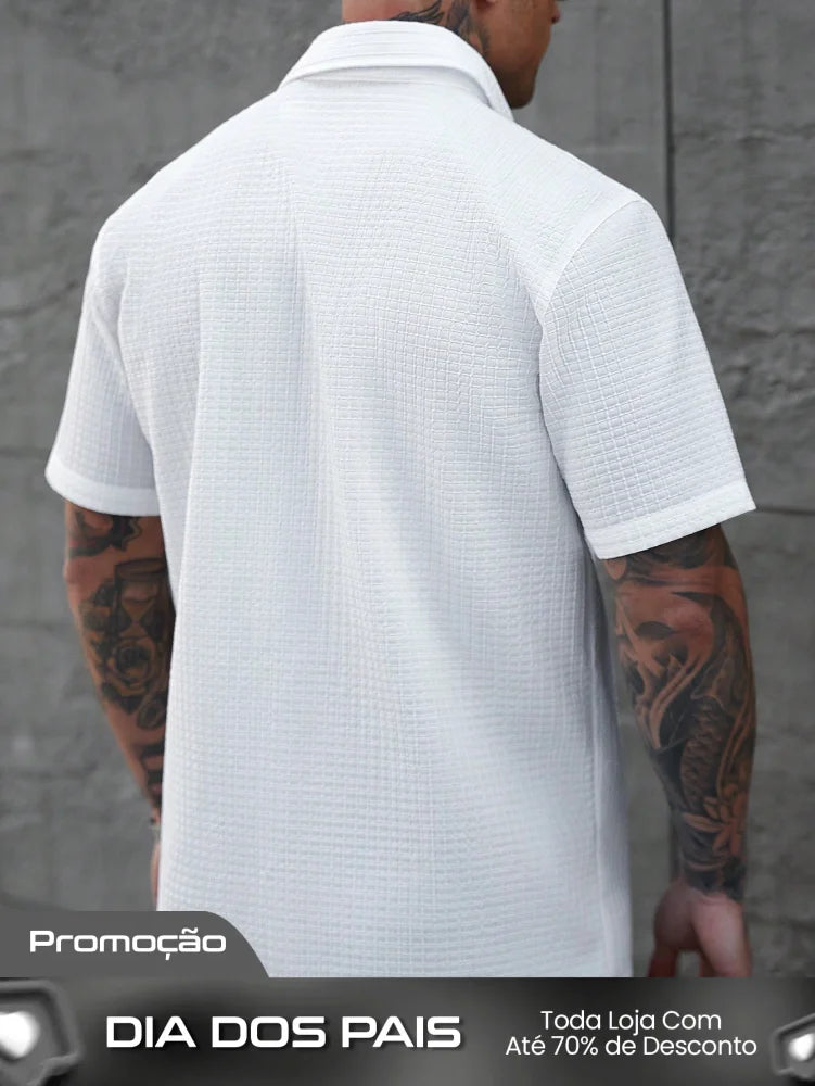 Camisa Masculina De Botão Textura Minimalista Botões Contrastantes Camisa Masculina De Botão Textura Minimalista Botões