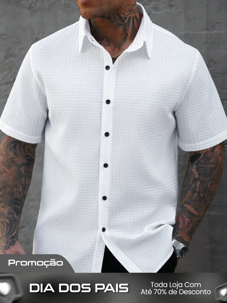 Camisa Masculina De Botão Textura Minimalista Botões Contrastantes Branco / PP Camisa Masculina De Botão Textura
