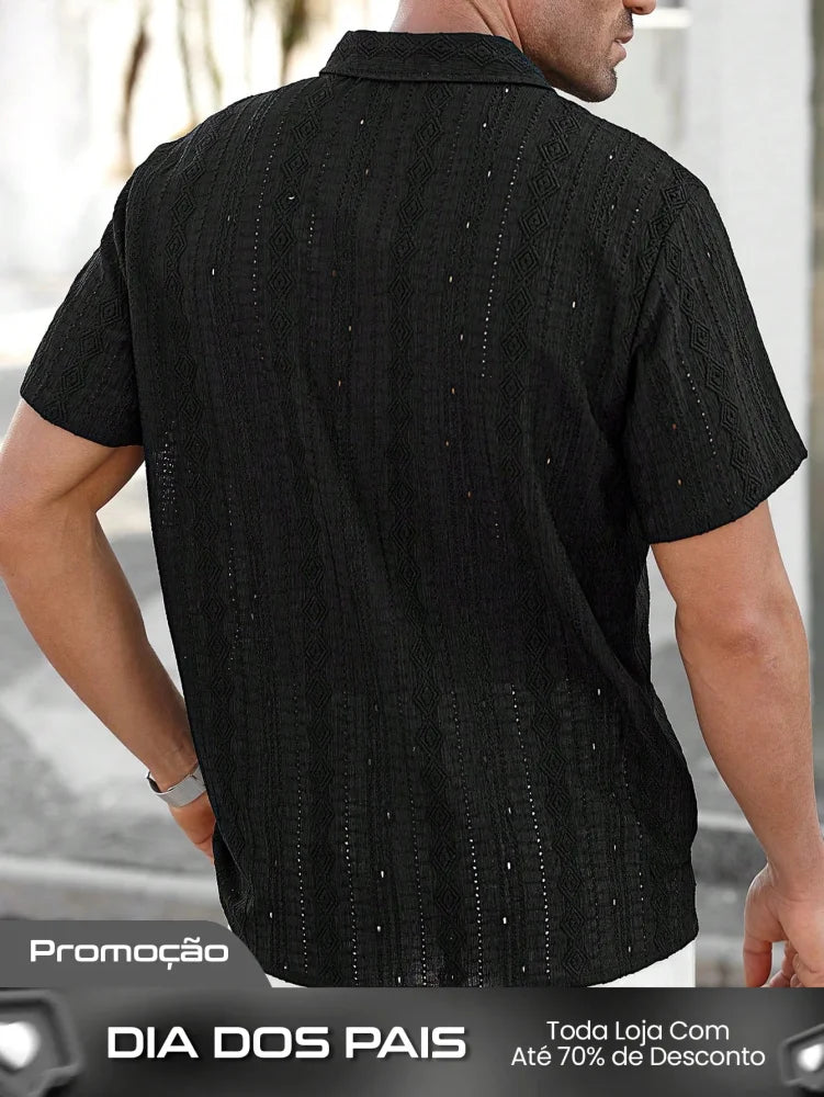 Camisa Masculina De Botão Textura Vazada Caimento Moderno Camisa Masculina De Botão Textura Vazada Caimento Moderno