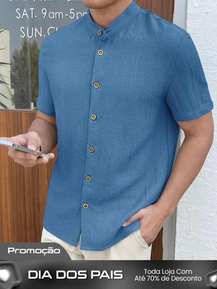 Camisa Masculina Gola Padre Botões Contrastantes Visual Moderno Camisa Masculina Gola Padre Botões Contrastantes Visual