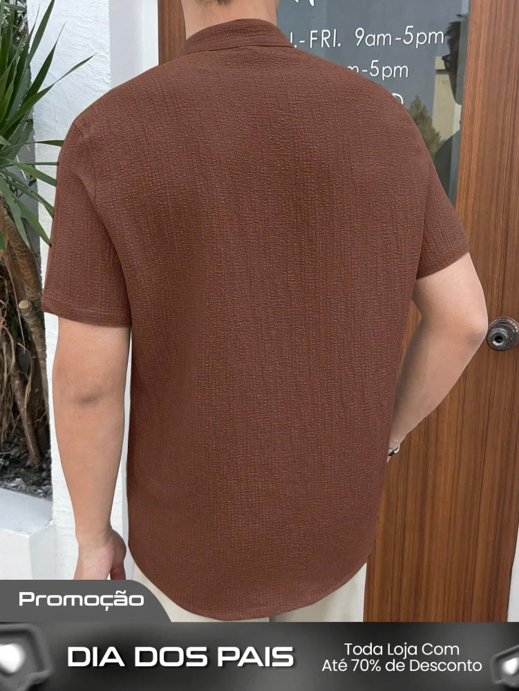 Camisa Masculina Gola Padre Botões Contrastantes Visual Moderno Camisa Masculina Gola Padre Botões Contrastantes Visual