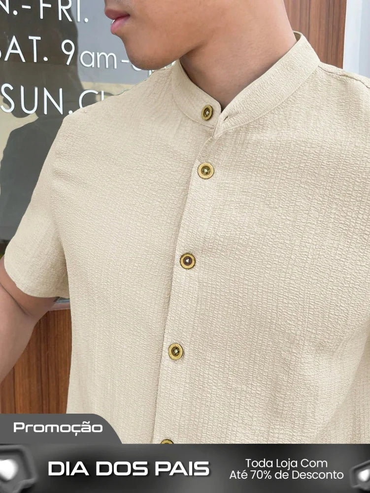 Camisa Masculina Gola Padre Botões Contrastantes Visual Moderno Camisa Masculina Gola Padre Botões Contrastantes Visual