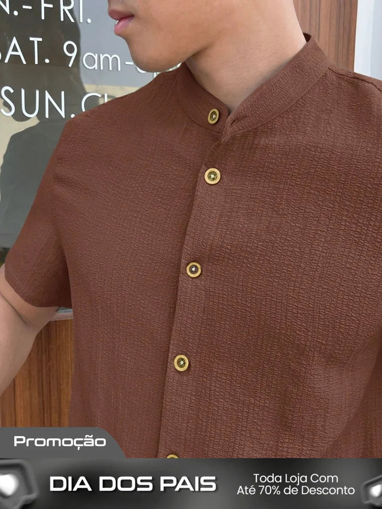 Camisa Masculina Gola Padre Botões Contrastantes Visual Moderno Camisa Masculina Gola Padre Botões Contrastantes Visual