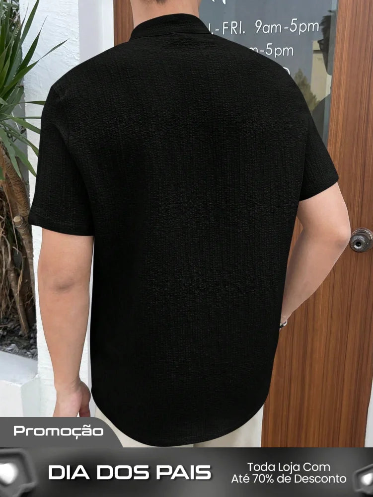 Camisa Masculina Gola Padre Botões Contrastantes Visual Moderno Camisa Masculina Gola Padre Botões Contrastantes Visual