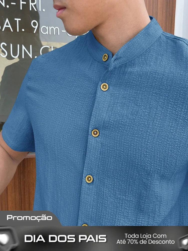 Camisa Masculina Gola Padre Botões Contrastantes Visual Moderno Camisa Masculina Gola Padre Botões Contrastantes Visual