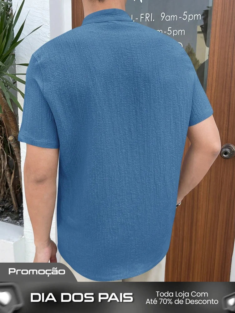 Camisa Masculina Gola Padre Botões Contrastantes Visual Moderno Camisa Masculina Gola Padre Botões Contrastantes Visual