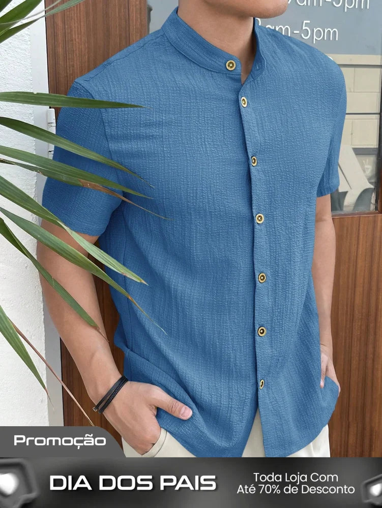 Camisa Masculina Gola Padre Botões Contrastantes Visual Moderno Azul / PP Camisa Masculina Gola Padre Botões
