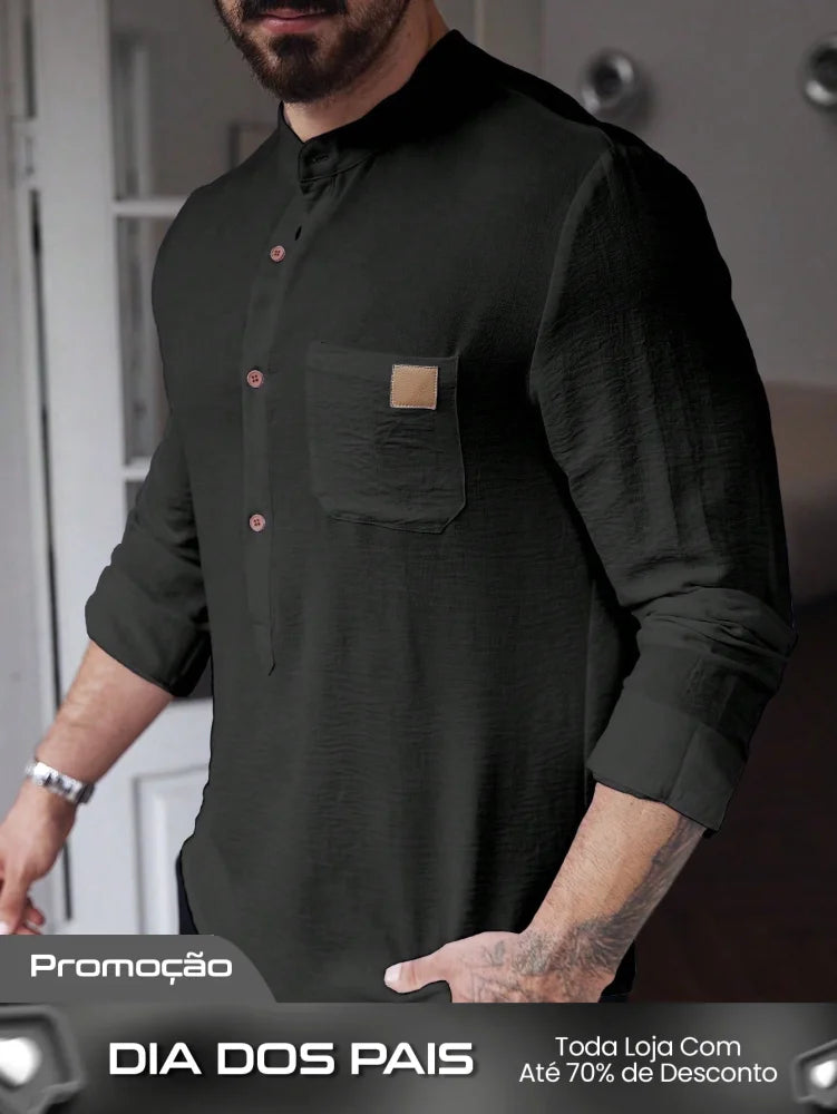 Camisa Masculina Gola Padre Botões Tecido Leve Camisa Masculina Gola Padre Botões Tecido Leve