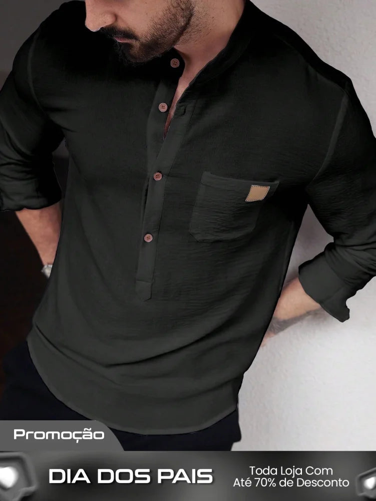 Camisa Masculina Gola Padre Botões Tecido Leve Camisa Masculina Gola Padre Botões Tecido Leve