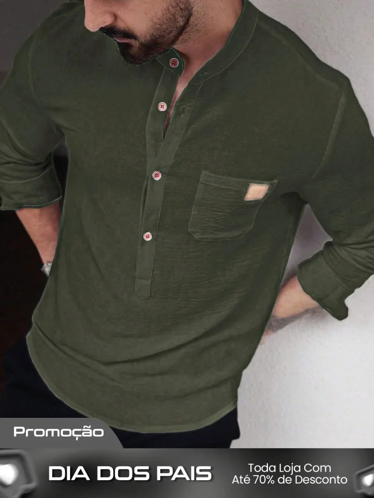 Camisa Masculina Gola Padre Botões Tecido Leve Camisa Masculina Gola Padre Botões Tecido Leve
