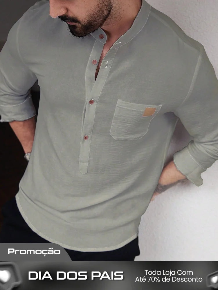 Camisa Masculina Gola Padre Botões Tecido Leve Camisa Masculina Gola Padre Botões Tecido Leve