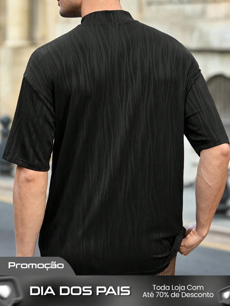 Camisa Masculina Slim Gola Alta Textura Elegante Camisa Masculina Slim Gola Alta Textura Elegante
