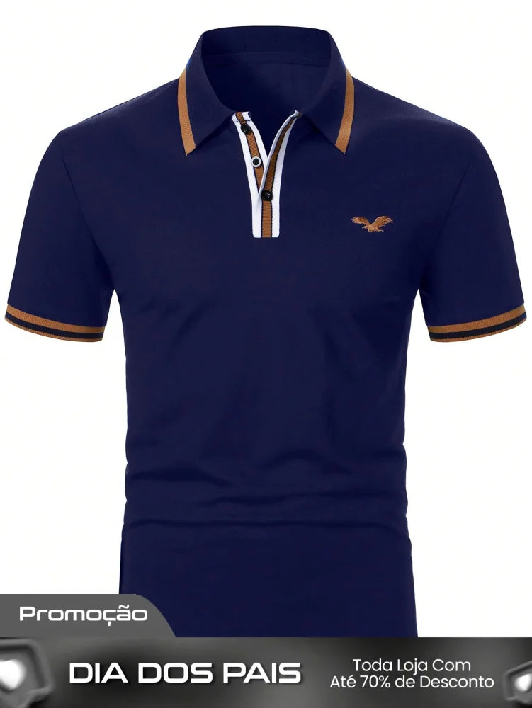 Camisa Polo Masculina Business Casual Bordado De Pássaro Azul Marinho / PP Camisa Polo Masculina Business Casual