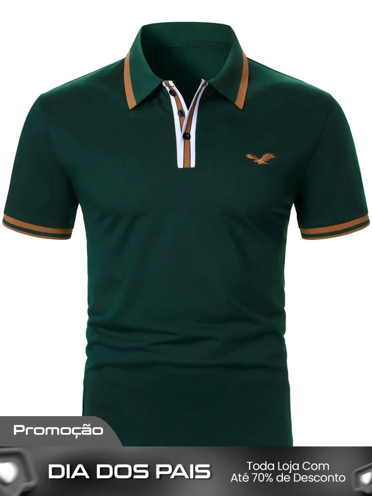 Camisa Polo Masculina Business Casual Bordado De Pássaro Verde / PP Camisa Polo Masculina Business Casual Bordado De