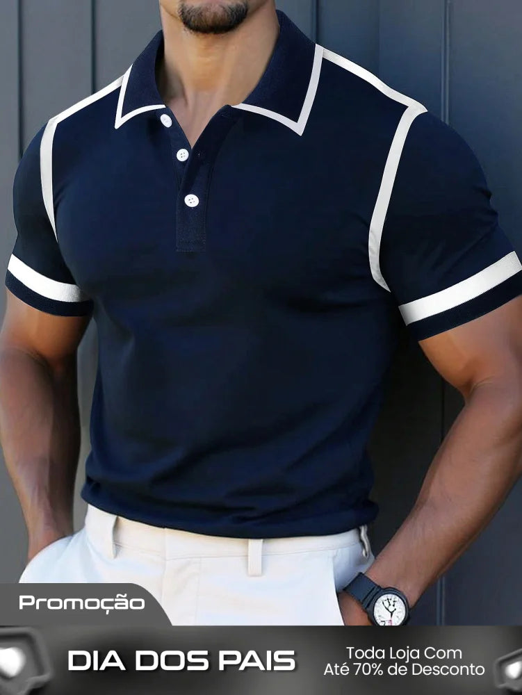 Camisa Polo Masculina Casual Botões Design Color Block Azul Marinho / PP Camisa Polo Masculina Casual Botões Design