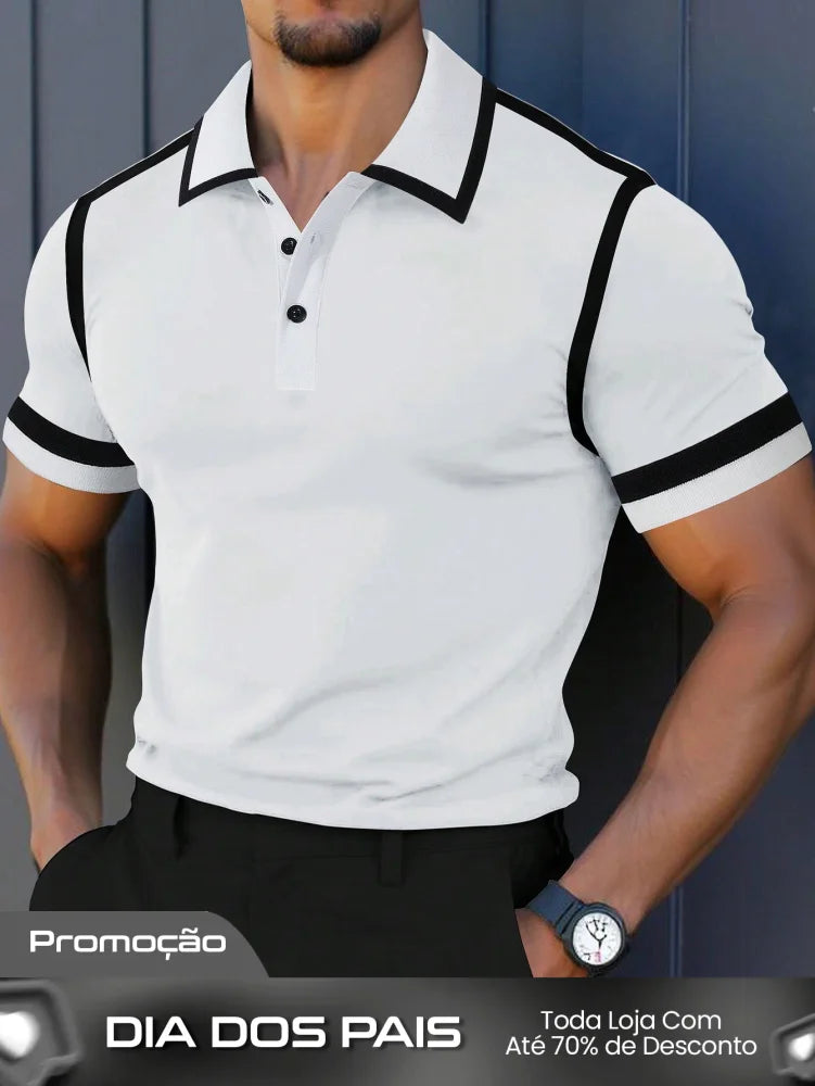 Camisa Polo Masculina Casual Botões Design Color Block Branco / PP Camisa Polo Masculina Casual Botões Design Color