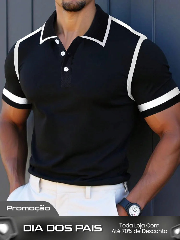 Camisa Polo Masculina Casual Botões Design Color Block Preto / PP Camisa Polo Masculina Casual Botões Design Color Block