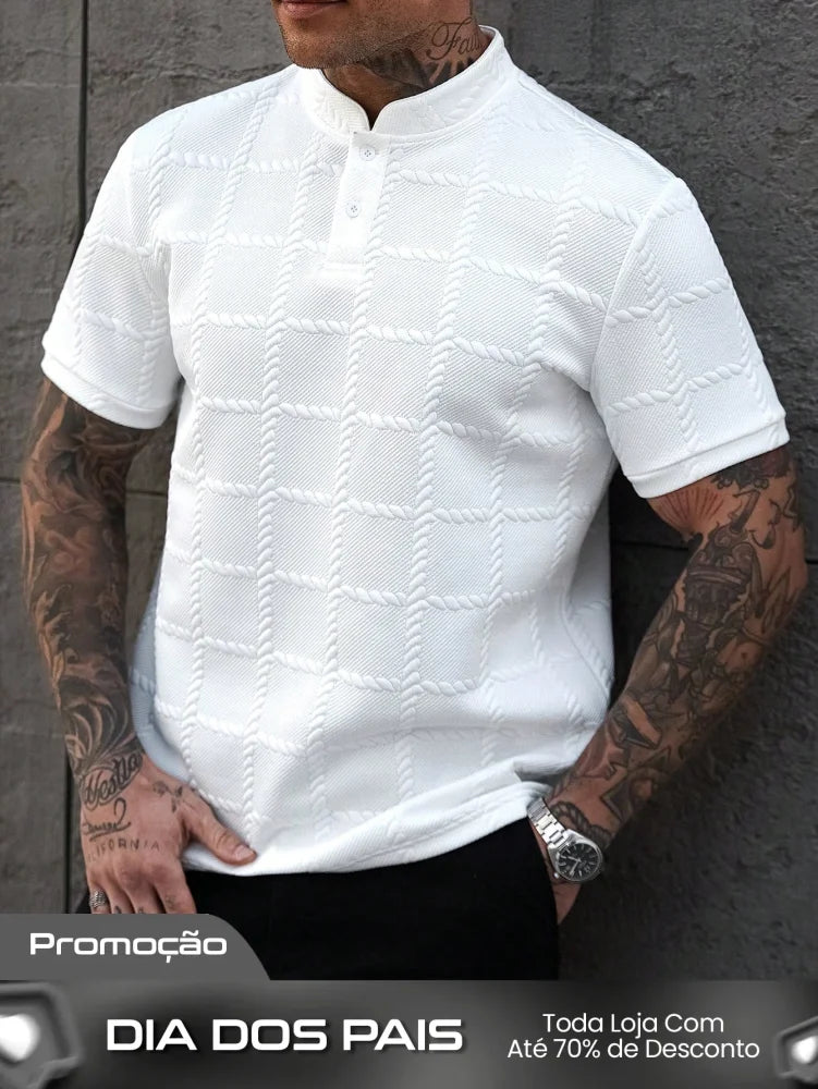 Camisa Polo Masculina Casual Gola Alta Botões Frontais Camisa Polo Masculina Casual Gola Alta Botões Frontais