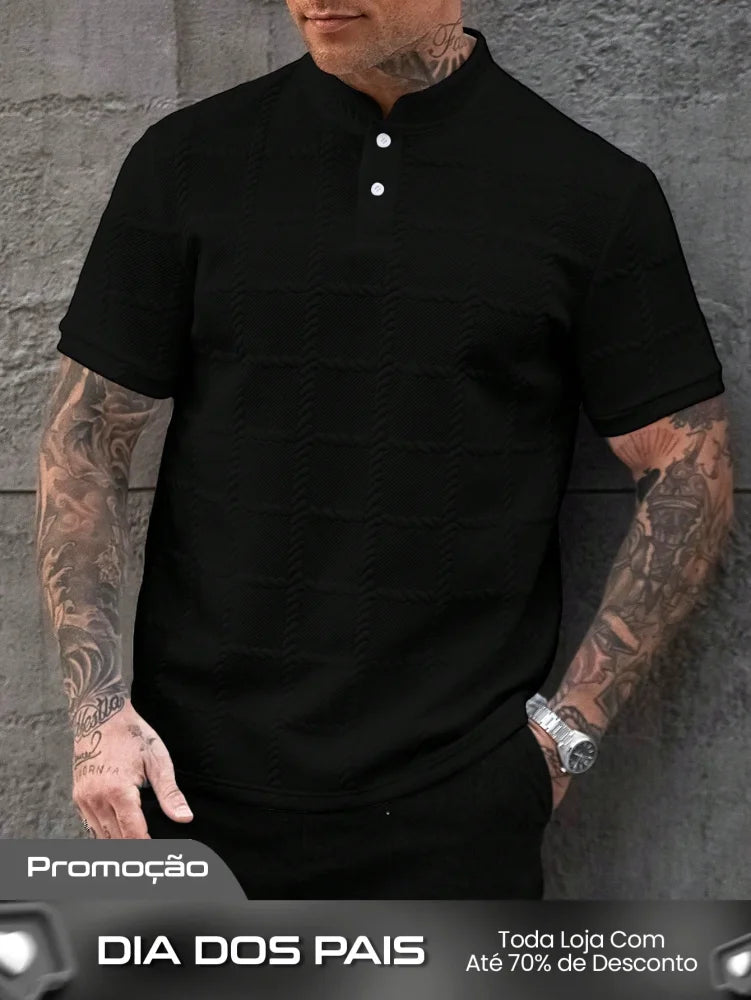 Camisa Polo Masculina Casual Gola Alta Botões Frontais Camisa Polo Masculina Casual Gola Alta Botões Frontais
