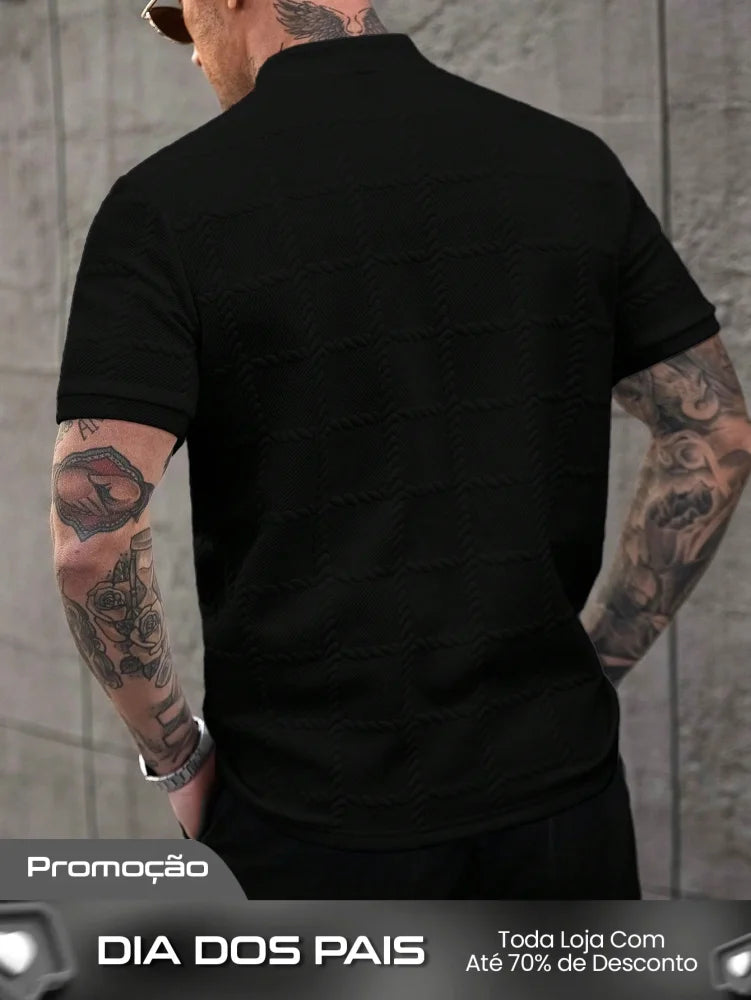 Camisa Polo Masculina Casual Gola Alta Botões Frontais Camisa Polo Masculina Casual Gola Alta Botões Frontais