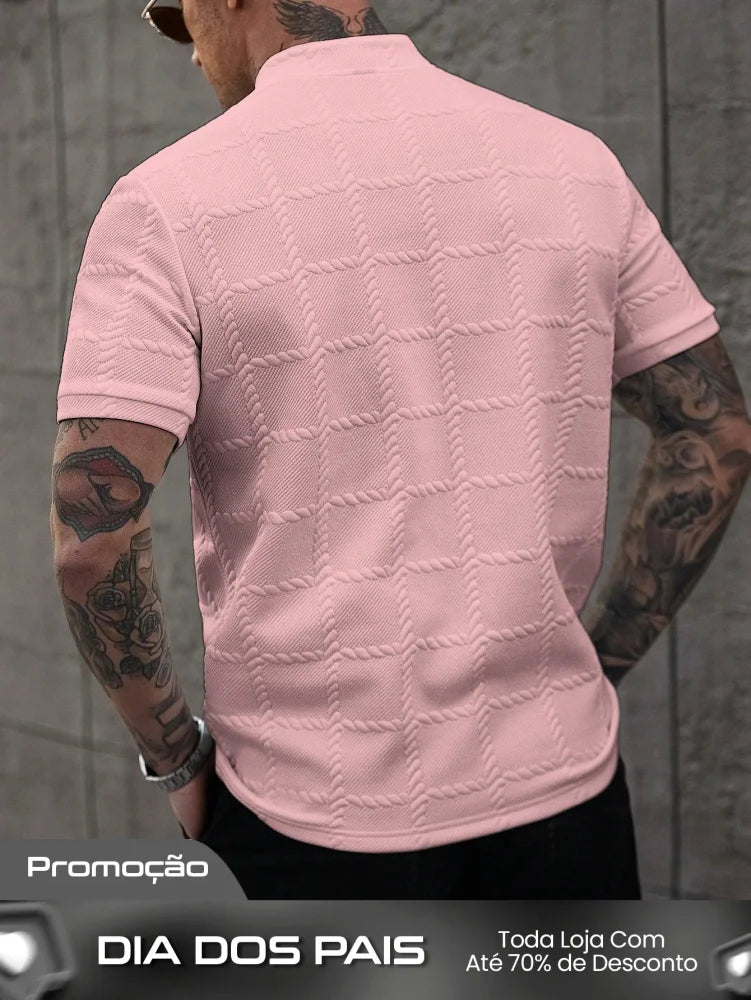 Camisa Polo Masculina Casual Gola Alta Botões Frontais Camisa Polo Masculina Casual Gola Alta Botões Frontais