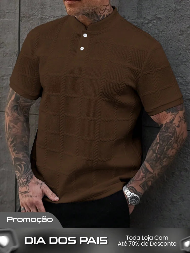 Camisa Polo Masculina Casual Gola Alta Botões Frontais Camisa Polo Masculina Casual Gola Alta Botões Frontais