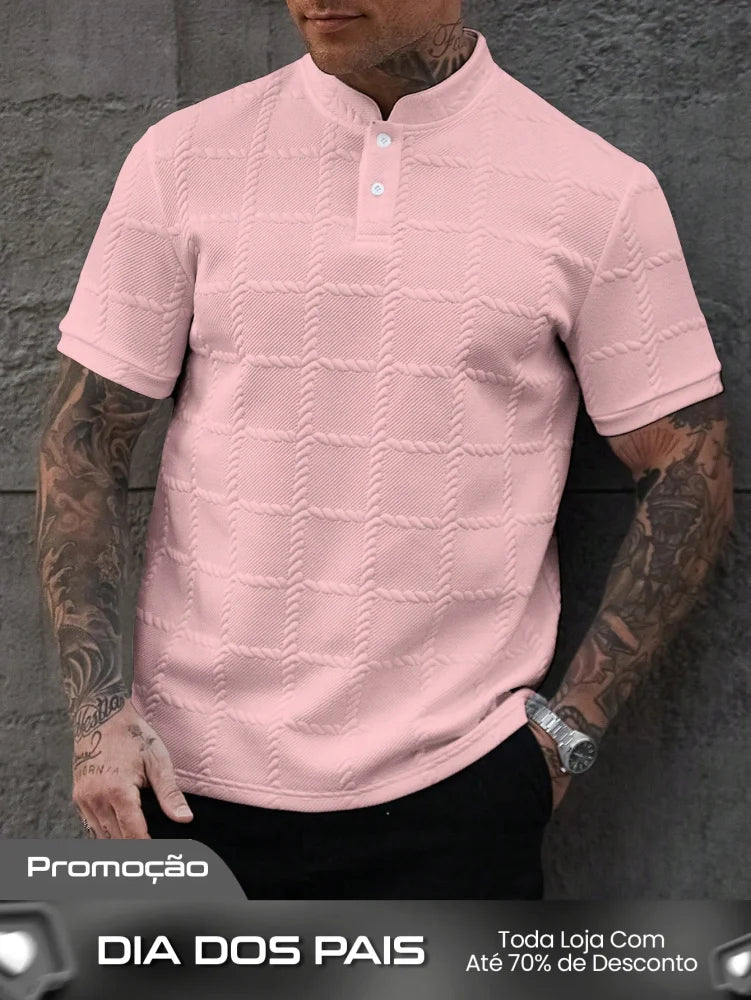 Camisa Polo Masculina Casual Gola Alta Botões Frontais Camisa Polo Masculina Casual Gola Alta Botões Frontais