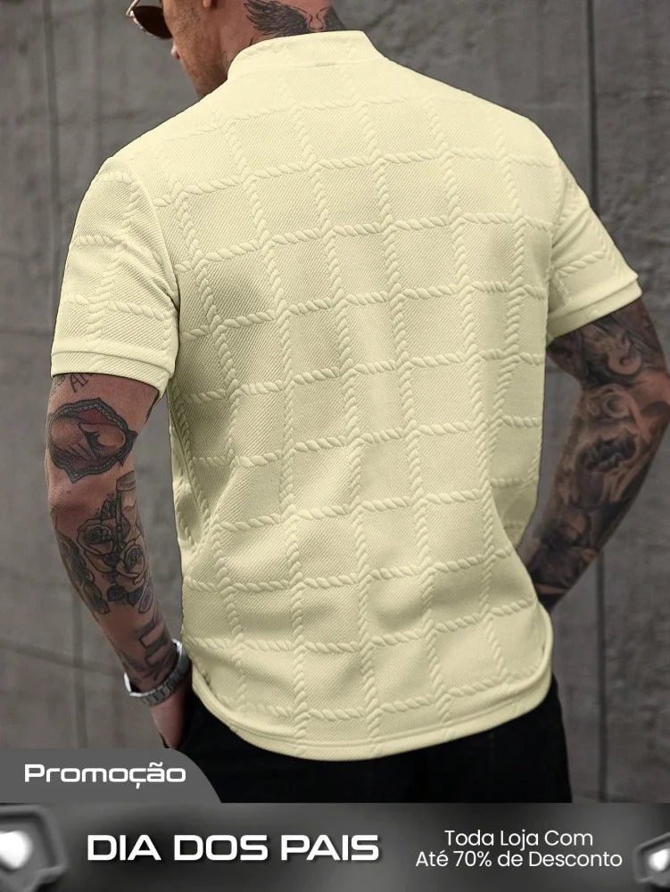 Camisa Polo Masculina Casual Gola Alta Botões Frontais Camisa Polo Masculina Casual Gola Alta Botões Frontais
