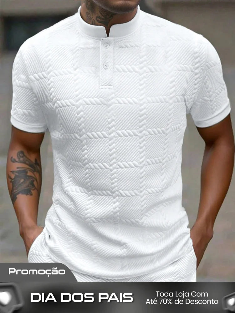 Camisa Polo Masculina Casual Gola Alta Botões Frontais Branco / PP Camisa Polo Masculina Casual Gola Alta Botões