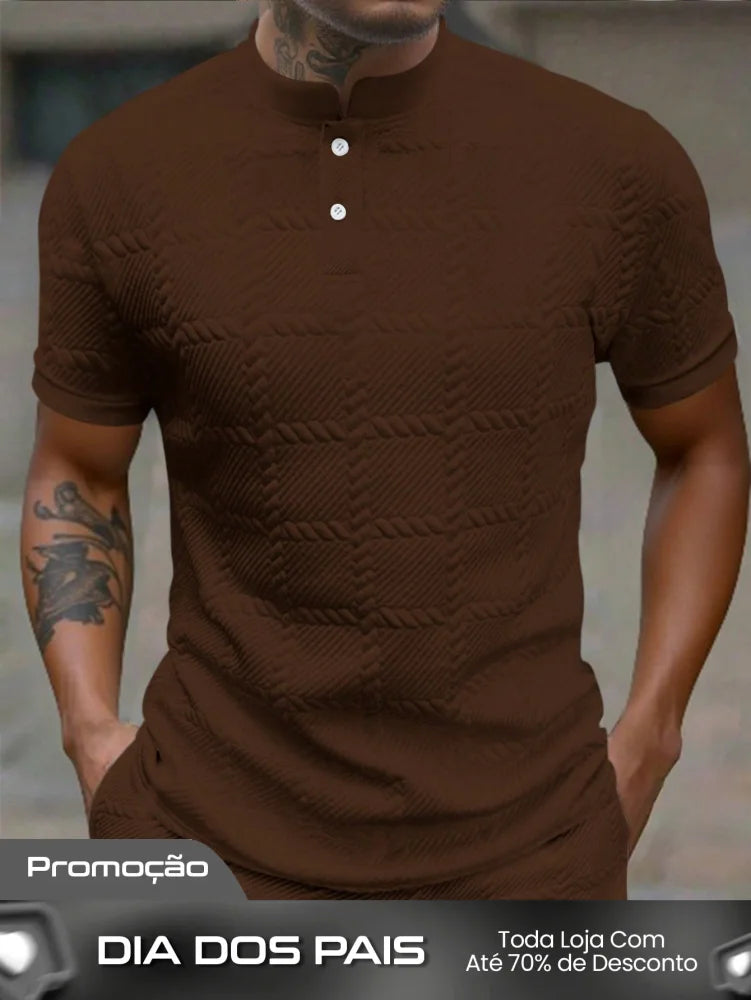Camisa Polo Masculina Casual Gola Alta Botões Frontais Café / PP Camisa Polo Masculina Casual Gola Alta Botões Frontais