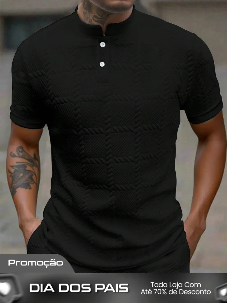 Camisa Polo Masculina Casual Gola Alta Botões Frontais Preto / PP Camisa Polo Masculina Casual Gola Alta Botões Frontais
