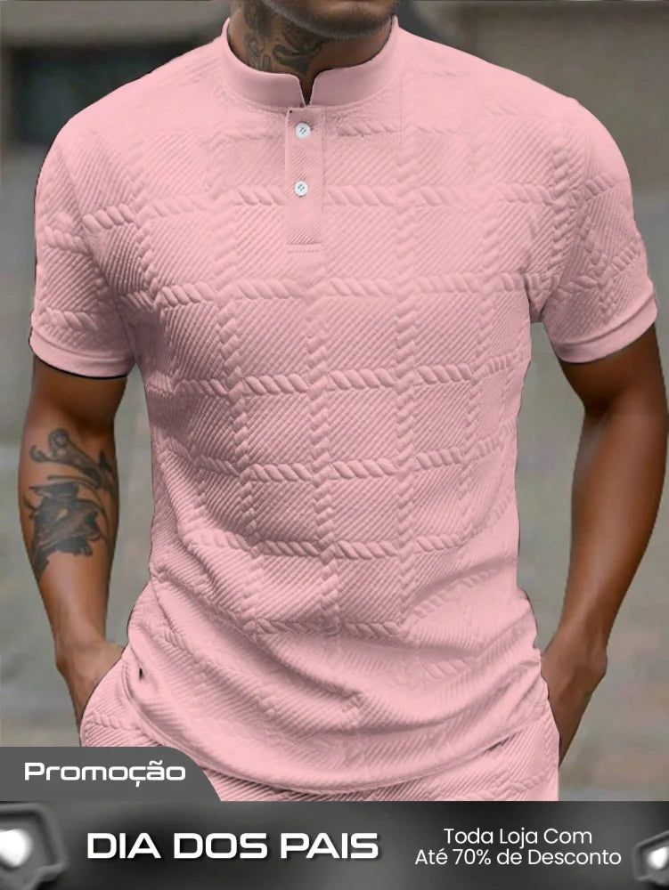 Camisa Polo Masculina Casual Gola Alta Botões Frontais Rosa / PP Camisa Polo Masculina Casual Gola Alta Botões Frontais