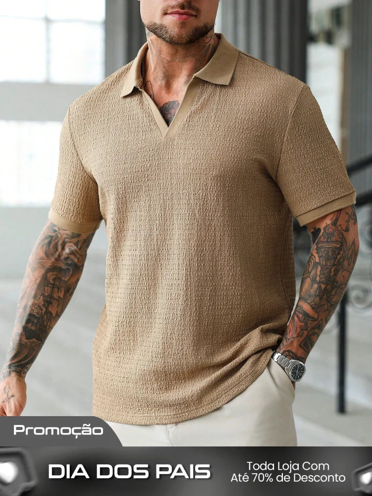 Camisa Polo Masculina Gola Aberta Textura Sofisticada Damasco / PP Camisa Polo Masculina Gola Aberta Textura Sofisticada