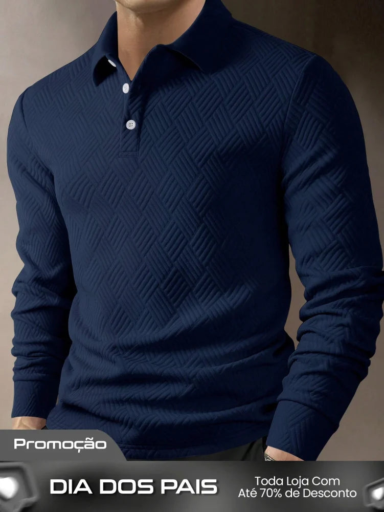 Camisa Polo Masculina Manga Longa Estilo Casual Fashionável Azul Marinho / PP Camisa Polo Masculina Manga Longa Estilo