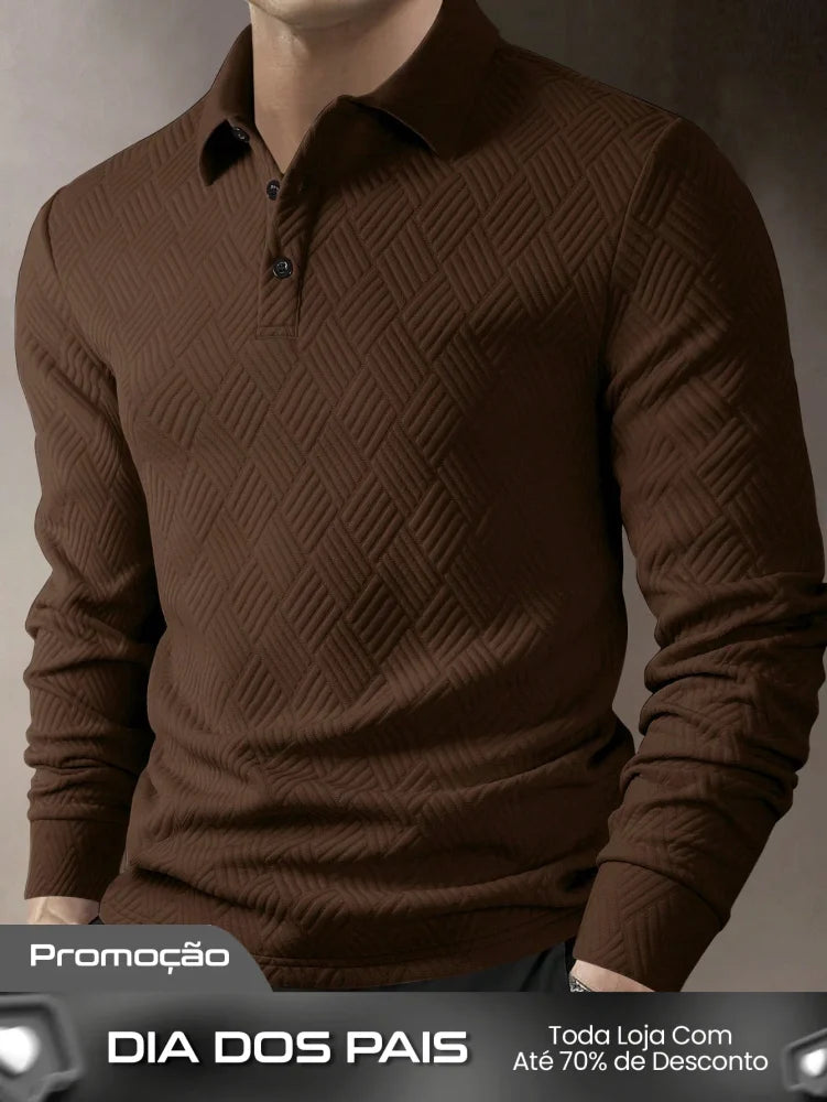 Camisa Polo Masculina Manga Longa Estilo Casual Fashionável Castanho / PP Camisa Polo Masculina Manga Longa Estilo
