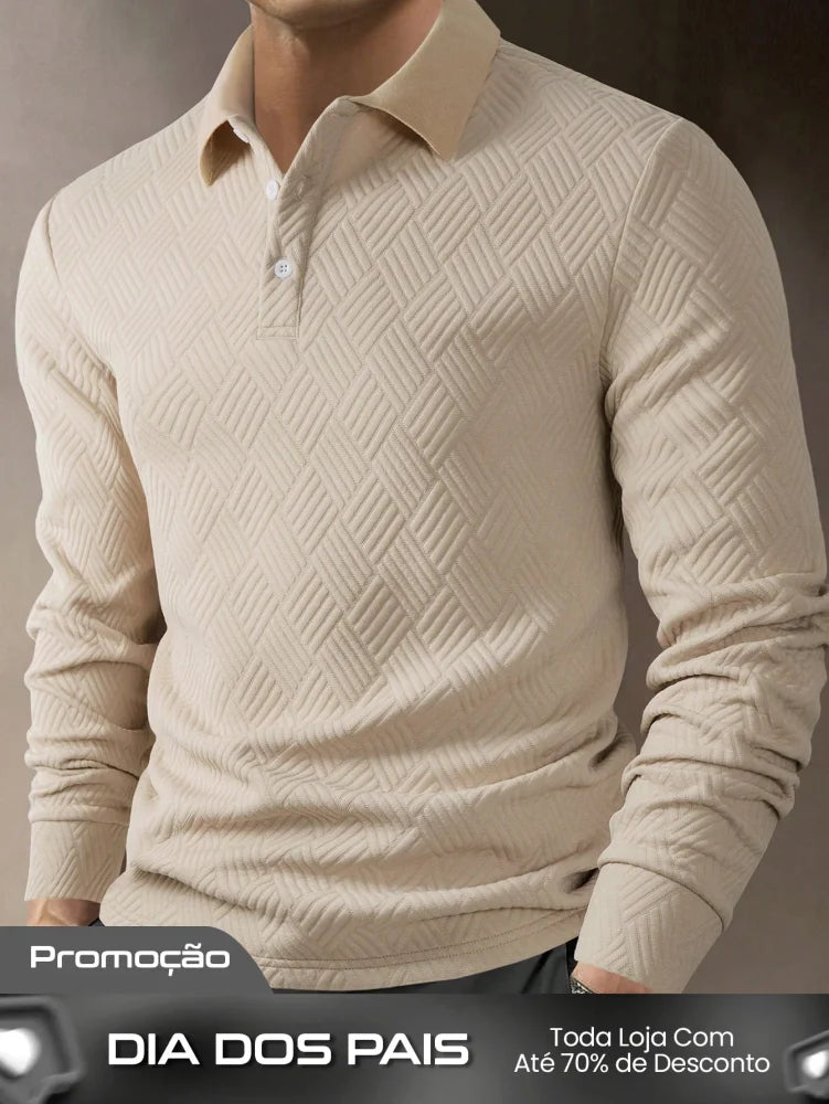 Camisa Polo Masculina Manga Longa Estilo Casual Fashionável Damasco / PP Camisa Polo Masculina Manga Longa Estilo