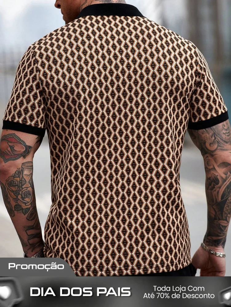 Camisa Polo Masculina Tecido Jacquard Estampa Geométrica Camisa Polo Masculina Tecido Jacquard Estampa Geométrica
