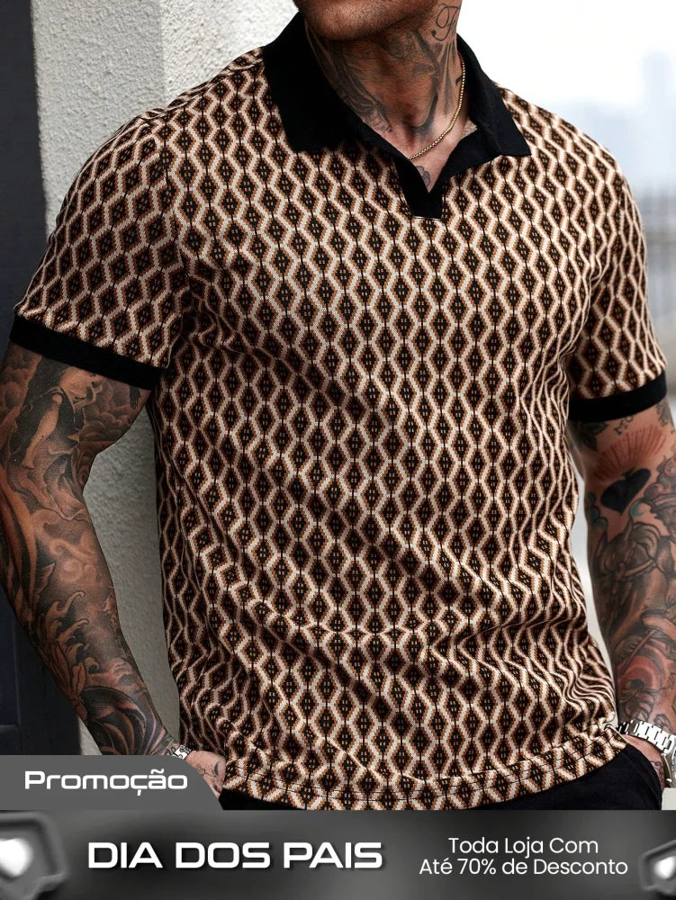 Camisa Polo Masculina Tecido Jacquard Estampa Geométrica Bege / PP Camisa Polo Masculina Tecido Jacquard Estampa