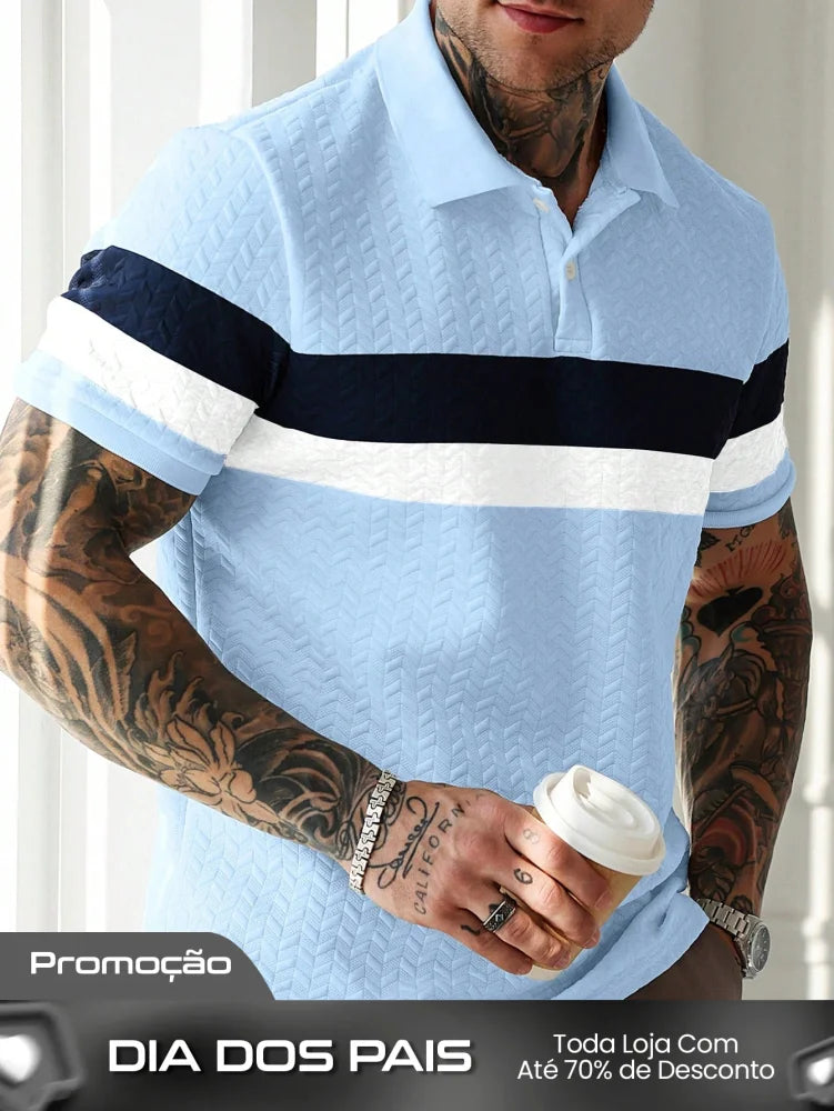 Camisa Polo Masculina Texturizada Listras Elegantes Azul Bebê / PP Camisa Polo Masculina Texturizada Listras Elegantes