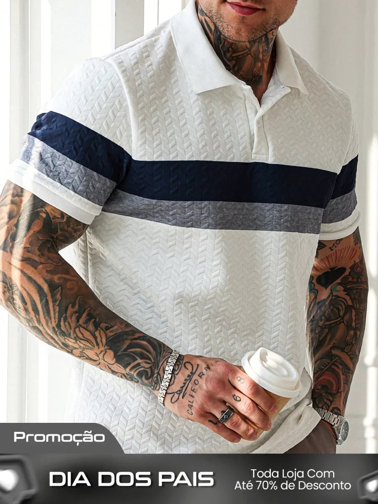Camisa Polo Masculina Texturizada Listras Elegantes Branco / PP Camisa Polo Masculina Texturizada Listras Elegantes