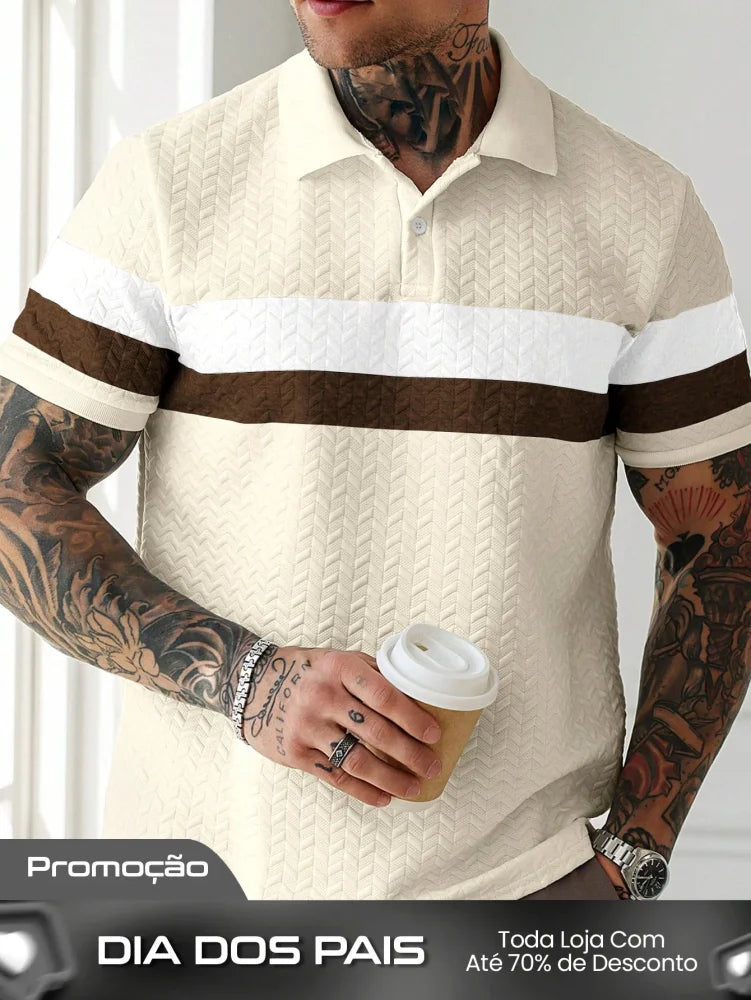 Camisa Polo Masculina Texturizada Listras Elegantes Damasco / PP Camisa Polo Masculina Texturizada Listras Elegantes