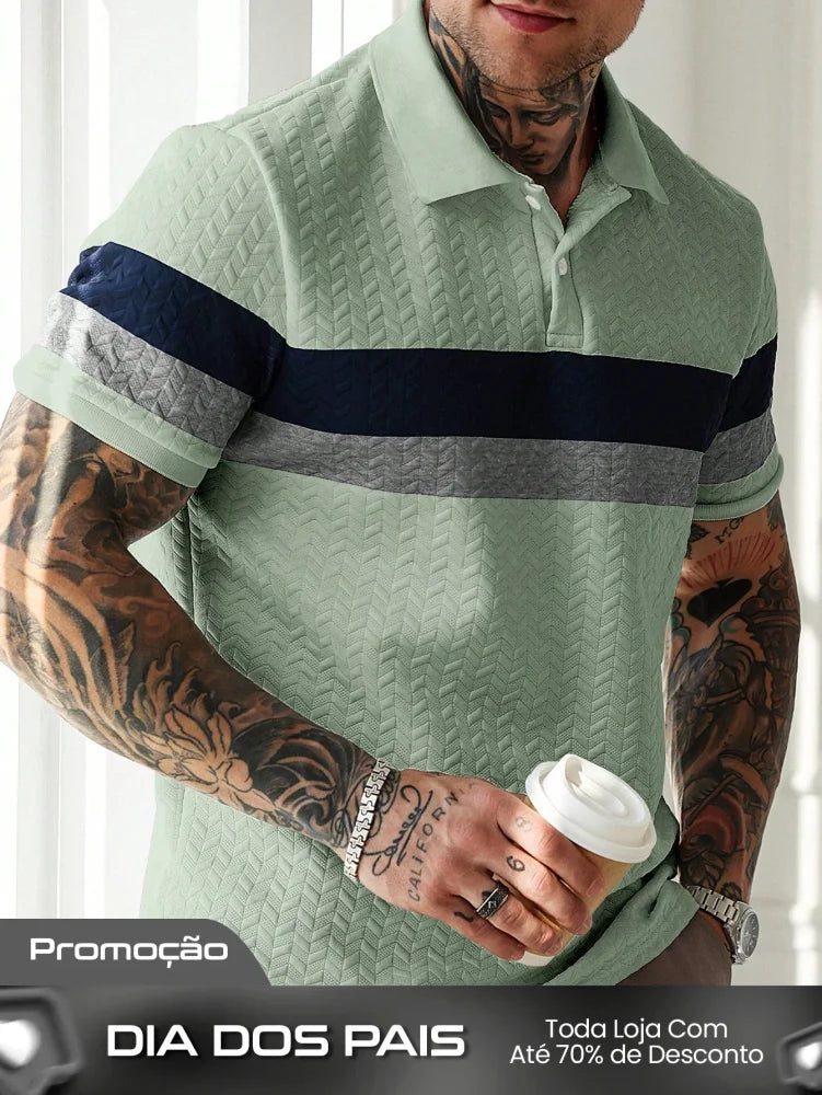 Camisa Polo Masculina Texturizada Listras Elegantes Verde Menta / PP Camisa Polo Masculina Texturizada Listras Elegantes